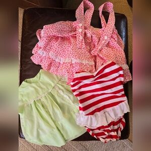 Vintage Baby Girl Clothes 2 handmade dress and a Carters Swim Suit 1 to 2T